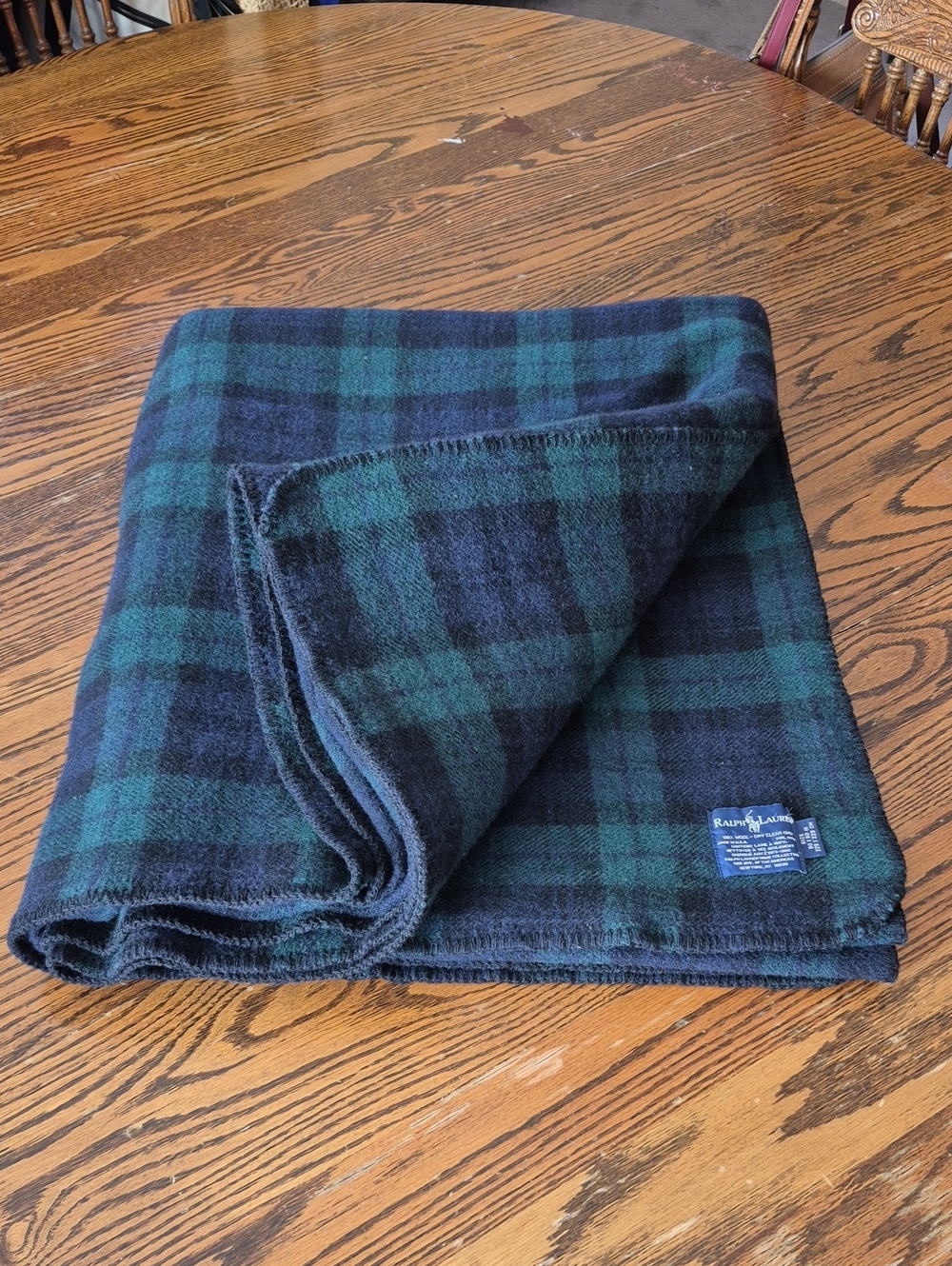 Vintage Ralph Lauren 100% Wool Blanket Green Blue Plaid Made In USA